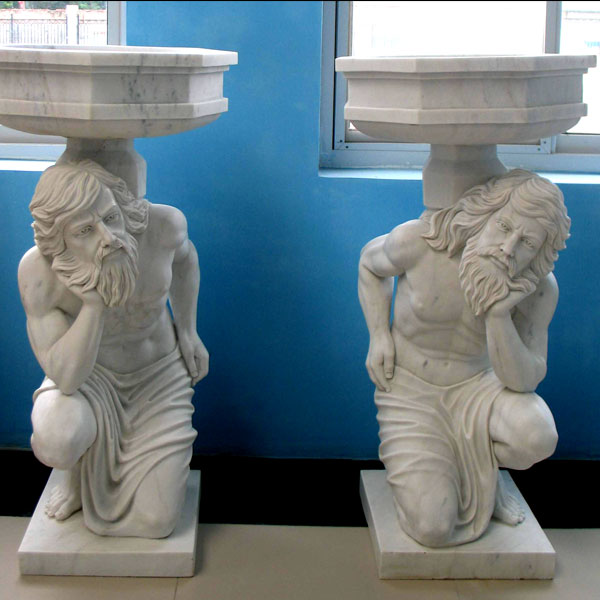 Large white marble planter pots with man statues a pair for home garden ornaments