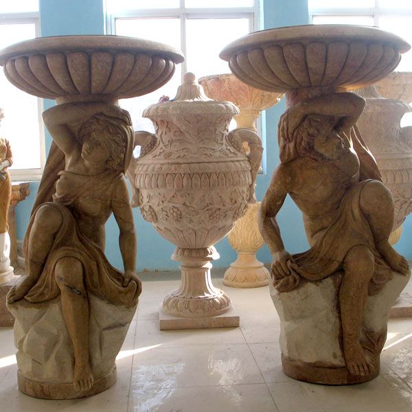 Large antique marble planter pots with man statues a pair discount TMP-05