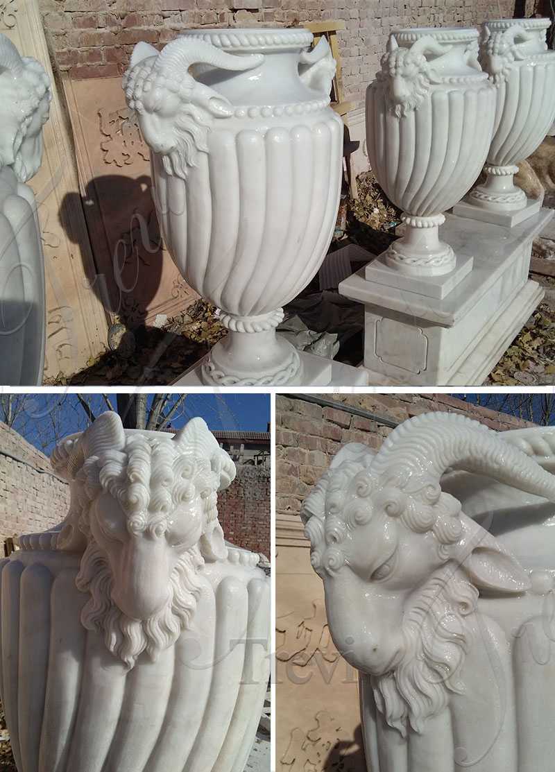 Hand Carved White Marble Planters with Sheep Head