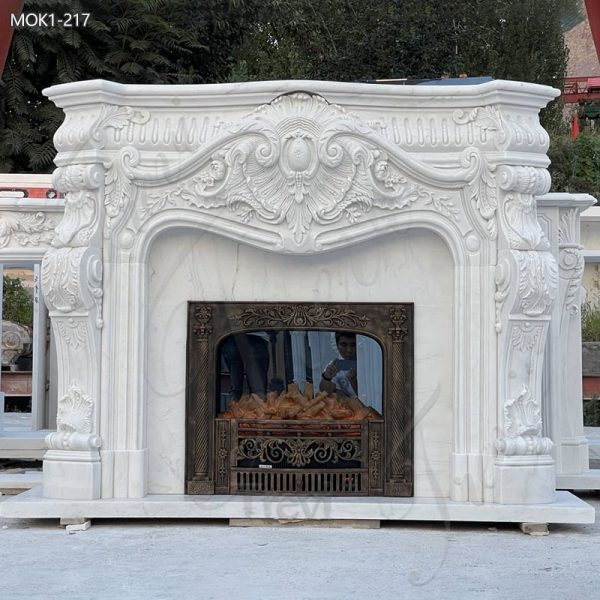 Hand Carved Modern White Marble Fireplace for Sale